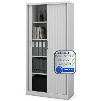 Aktenschrank abschließbar KETI 185x90x45cm Grau Rolladentüren 5 Ebenen Büroschrank