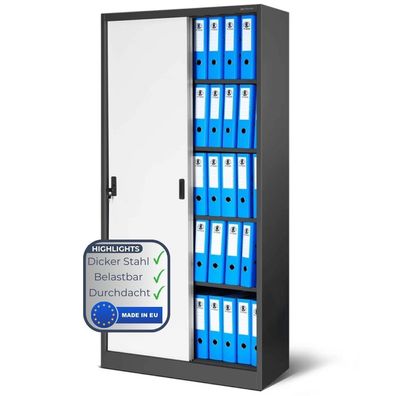 Aktenschrank abschließbar ROLF 185x90x40cm Anthrazit-Weiß Schiebetüren 5 Ebenen