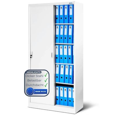 Aktenschrank abschließbar ROLF 185x90x40cm Weiß Schiebetüren 5 Ebenen Büroschrank