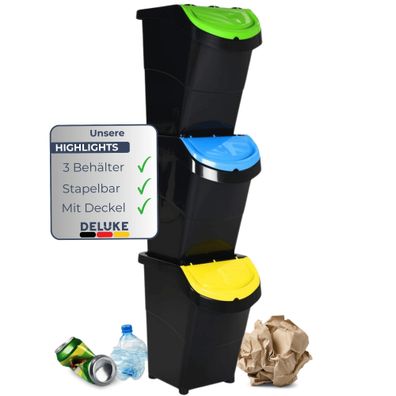 3er Set Abfallbehälter Deckeln 3x40L Stapelmülleimer Abfalleimer Küche Mülleimer 3