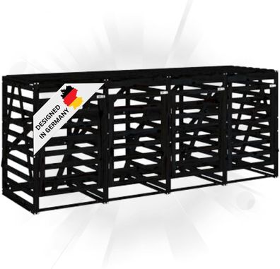 4er Mülltonnenbox Kiefernholz BOUMI 318x91,5x128,5cm Schwarz Mülltonnenverkleidung