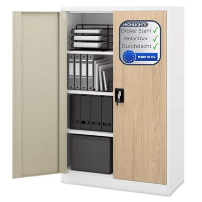 Aktenschrank abschließbar KADO 140x90x40cm Weiß-Sonoma Eiche 4 Ebenen verstellbar