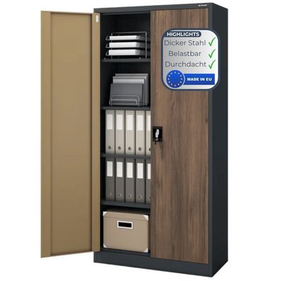 Aktenschrank abschließbar KADO 185x90x40cm Anthrazit-Nussbaum 5 Ebenen verstellbar