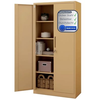 Aktenschrank abschließbar KADO 185x90x40cm Beige 5 Ebenen verstellbar Flügeltüren