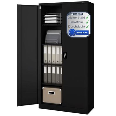 Aktenschrank abschließbar KADO 195x90x40cm Schwarz 5 Ebenen verstellbar Flügeltüren
