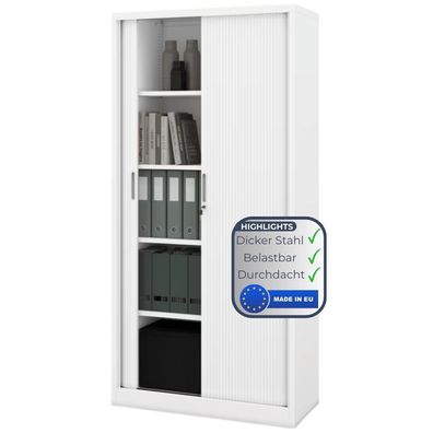 Aktenschrank abschließbar KETI 185x90x45cm Weiß Rolladentüren 5 Ebenen Büroschrank