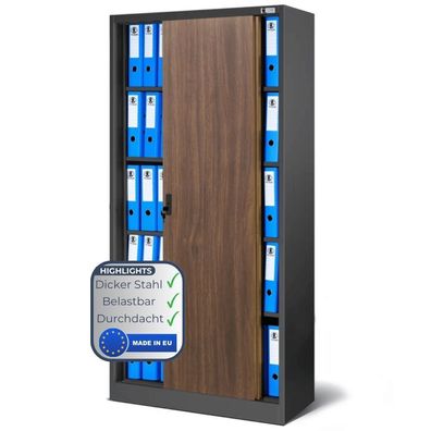 Aktenschrank abschließbar ROLF 185x90x40cm Anthrazit-Nussbaum Schiebetüren 5 Ebenen