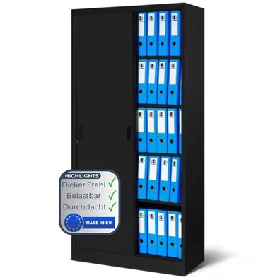 Aktenschrank abschließbar ROLF 185x90x40cm Schwarz Schiebetüren 5 Ebenen Büroschrank