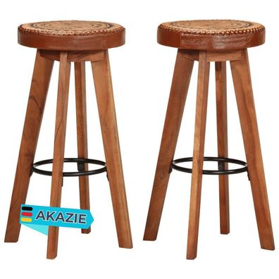 Barhocker FENI 2er Set Echtleder und Massivholz Akazie Braun Barstühle Küchenhocker