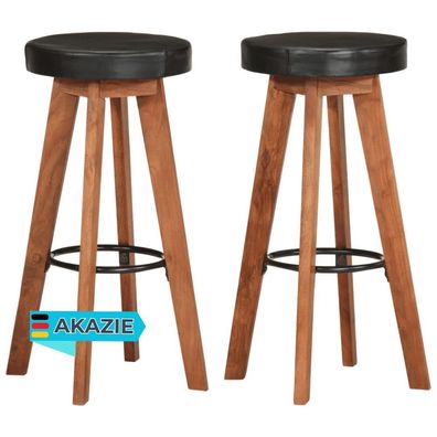 Barhocker FENI 2er Set Echtleder und Massivholz Akazie Schwarz Barstühle Küchenhocker