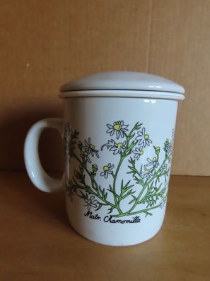 Tasse Becher Teetasse mit Blume inkl. Sieb und Deckel ca. 9,2 cm H Porzellan