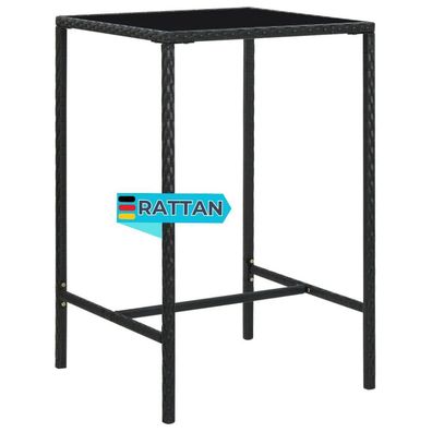 Garten-Bartisch JONI Schwarz 70x70x110 cm Poly Rattan und Glas Gartentisch Rattan