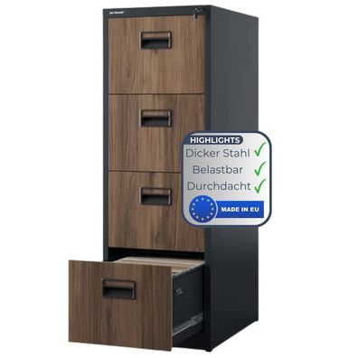 Hängeregisterschrank abschließbar TION 132x46x62cm Anthrazit-Nussbaum 4 Schubladen