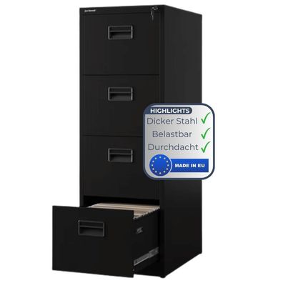 Hängeregisterschrank abschließbar TION 132x46x62cm Schwarz 4 Schubladen mit Schloss