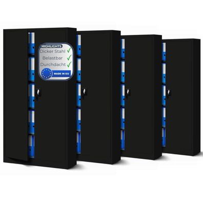 MegaDeal 4x Aktenschrank abschließbar KADO 185x90x40cm Schwarz 5 Ebenen verstellbar