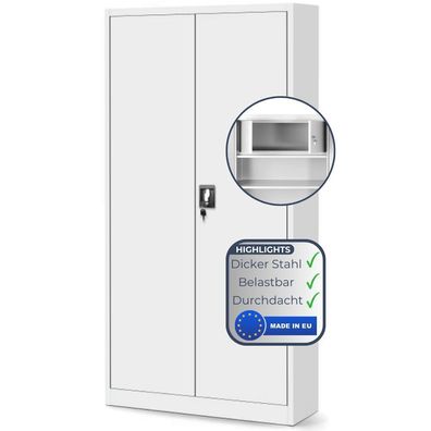 Metallschrank abschließbar KODLI 185x90x45cm Weiß Geheimfach 4 Ebenen Aktenschrank