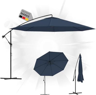 Sonnenschirm rund MARC 350cm Blau UV-Schutz Kurbelsystem Ampelschirm rund Freiarm