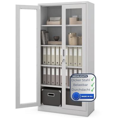 Vitrinenschrank abschließbar ELLO 185x90x40cm Grau Glastüren 5 Ebenen Büroschrank