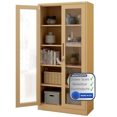 Vitrinenschrank abschließbar ELLO 185x90x40cm Beige Glastüren 5 Ebenen Büroschrank