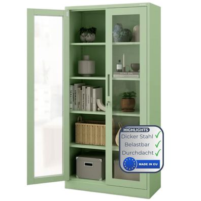 Vitrinenschrank abschließbar ELLO 185x90x40cm Pastellgrün Glastüren 5 Ebenen