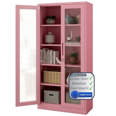 Vitrinenschrank abschließbar ELLO 185x90x40cm Rosa Glastüren 5 Ebenen Büroschrank