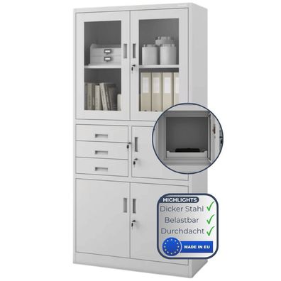 Vitrinenschrank abschließbar GEDO 185x90x40cm Grau mit Tresor & SchubladenBüroschrank