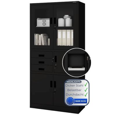 Vitrinenschrank abschließbar GEDO 185x90x40cm Schwarz mit Tresor