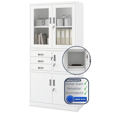 Vitrinenschrank abschließbar GEDO 185x90x40cm Weiß mit Tresor & SchubladenBüroschrank