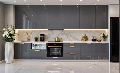 Küchenzeile Linea DW 340 cm Grau Hochglanz-Soft Close- Premium Box- Einbauküche 3,4 m