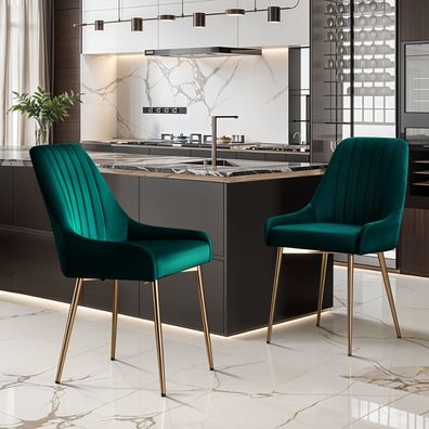 2er Set Samt Esszimmerstühle, Polsterstuhl mit Rückenlehne & goldenen Beinen