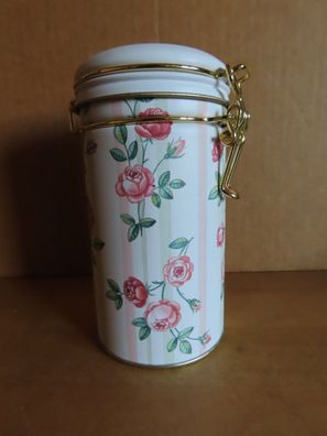 kleine Blechdose Teedose mit goldfarbenem Bügelverschluß Motiv Rosen