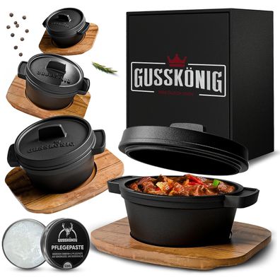 Gusskönig Dutch Oven Set Mini Topf 4Stk mit Deckel Holzbrett je 300 ml