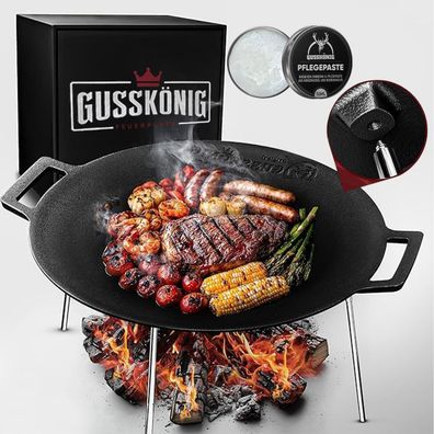 Gusskönig Gusseisen Grillplatte Ø42cm mit 3 Edelstahl Beinen Pflegepaste