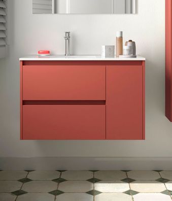Noja Unterschrank 850 2 Schubladen 1 Tür re + Waschbecken Red Satin