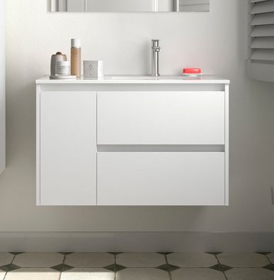 Noja Unterschrank 850 2 Schubladen 1 Tür li + Waschbecken White Gloss