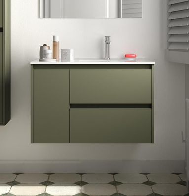 Noja Unterschrank 850 2 Schubladen 1 Tür li + Waschbecken Green Satin