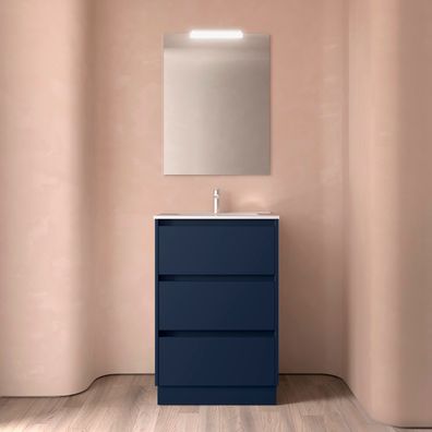 Noja Komplett-Set 600 3 Schubladen BLUE SATIN + Waschtisch + Spiegel + Leuchte