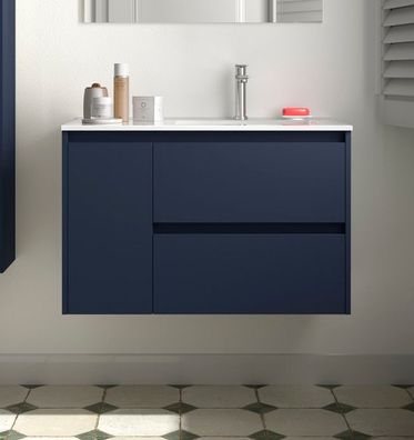 Noja Unterschrank 850 2 Schubladen 1 Tür li + Waschbecken Blue Satin