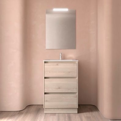 Noja Komplett-Set 600 3 Schubladen Natural + Waschtisch + Spiegel + Leuchte