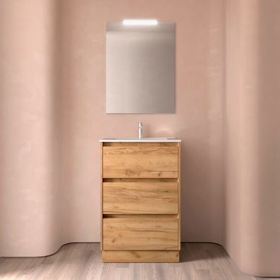 Noja Komplett-Set 600 3 Schubladen EICHE AFRIKA + Waschtisch + Spiegel + Leuchte