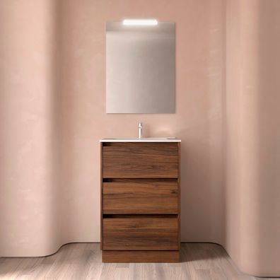 Noja Komplett-Set 600 3 Schubladen Nussbaum MAYA + Waschtisch + Spiegel + Leuchte