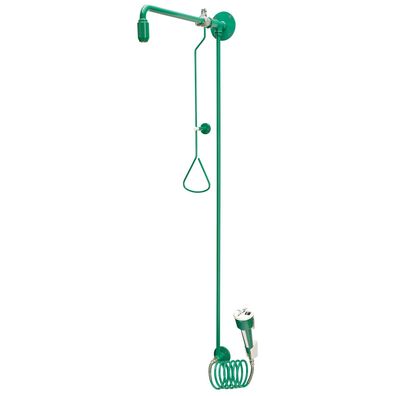 KWC AR Notduschkombination, Zugstange, Augendusche, grün, Wasser aus Wand