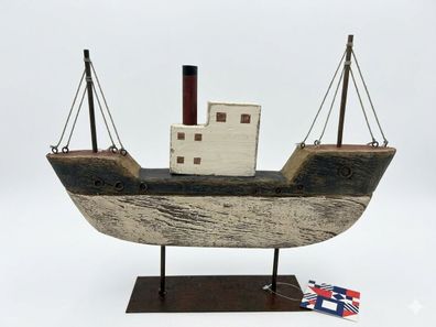 Deko-Schiff "Vintage Ocean" - Rustikaler Dampfer aus Holz auf Metallfuß