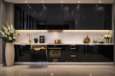 Küchenzeile Linea DW 340cm Schwarz Hochgl.-Soft Close- Premium Box- Einbauküche 3,4 m