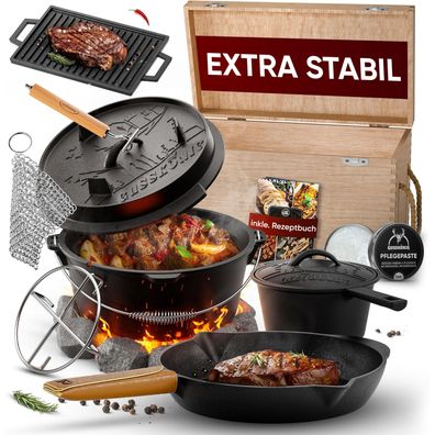 Gusskönig Dutch Oven in Holzbox 11tlg. mit Bratpfanne Saucentopf Untersetzer Deckelhe