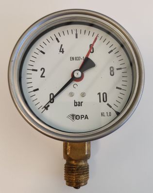 Topa Rohrfeder-Manometer 0-10 bar Kl.1,0 Ø 100 mm AG 1/2 Zoll radial Edelstahl