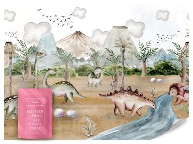 Fototapete für Kinderzimmer Dinosaurier Aquarell Jurassic Park Vulkane Boho Stil