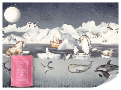 Vlies Fototapete für Kinderzimmer Arktische TIERE Pinguine Robben Walrosse Wale