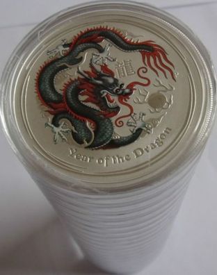 5 x 2012 Lunar II DRAGON-Drache, je 1 oz coloriertes BU Silber, BLACK, 1/4 Münzrolle