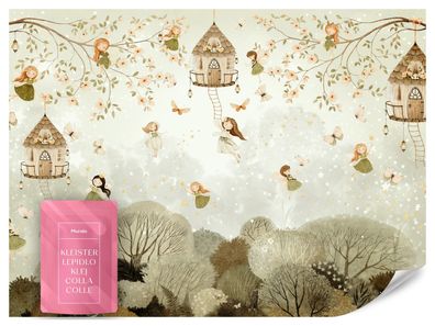 Fototapete für Kinder FEEN im Märchenwald Blumen Bäume Schmetterlingen Boho